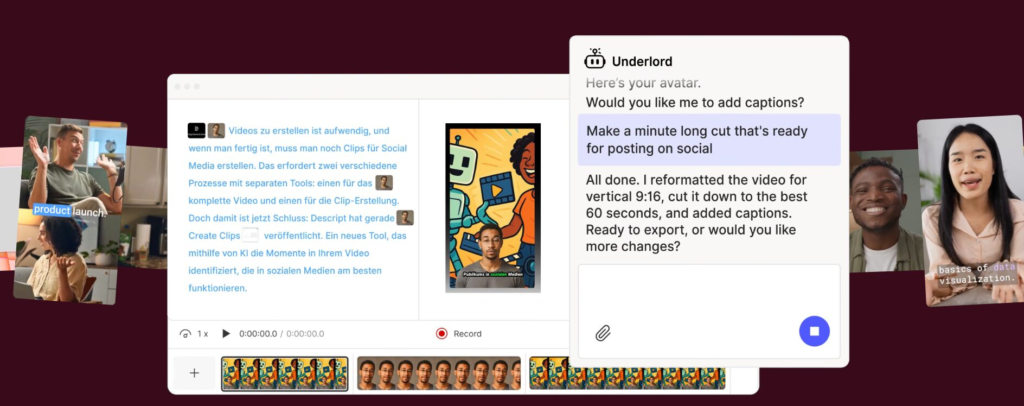 Descript text-based editing interface showing transcript video editing