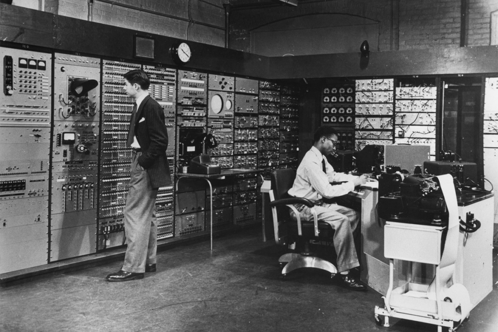 Early artificial intelligence research in the 1950s showing the origins of modern AI
