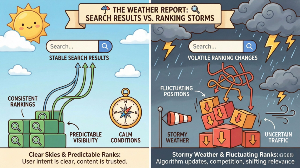 Visual explanation of SEMrush Sensor as a weather report for Google search results
