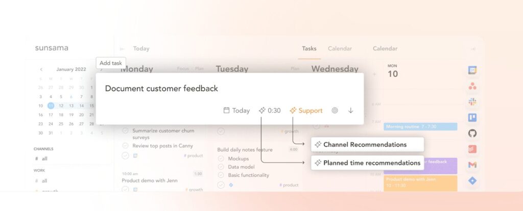 Sunsama daily planning interface with calendar time blocking view