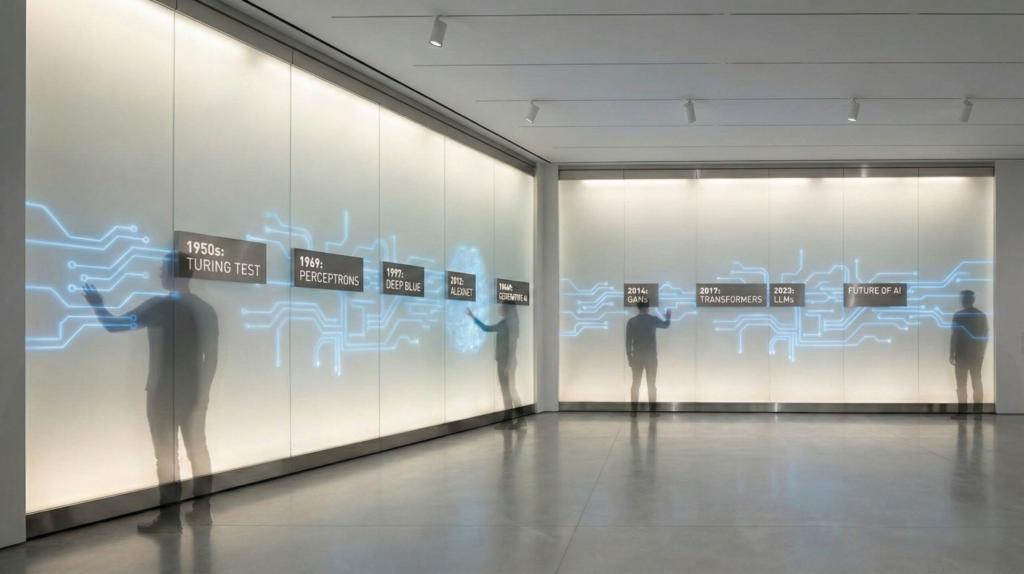 Visual timeline showing when was AI invented, from early research to modern artificial intelligence