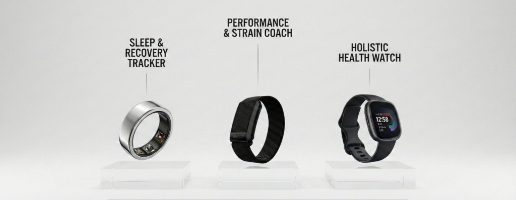 WHOOP band, Oura Ring, and Fitbit tracker comparison photo