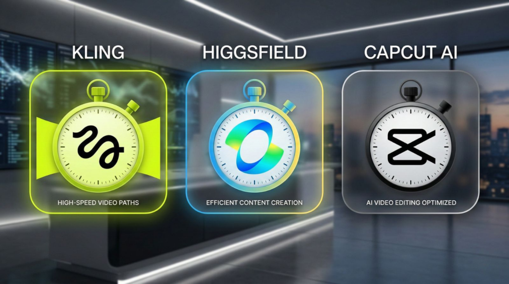 AI video editor 2026 comparison between Kling, Higgsfield, and CapCut AI