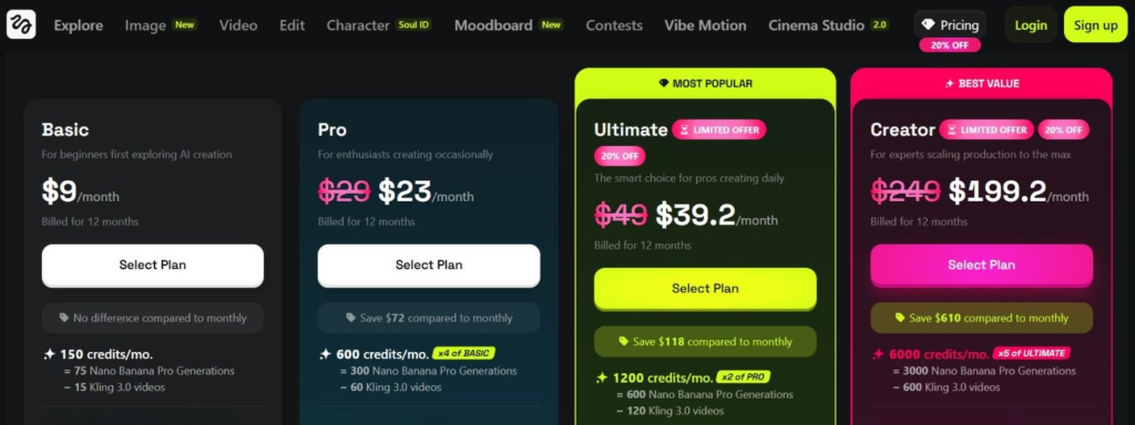 Higgsfield AI pricing and free plan details screenshot
